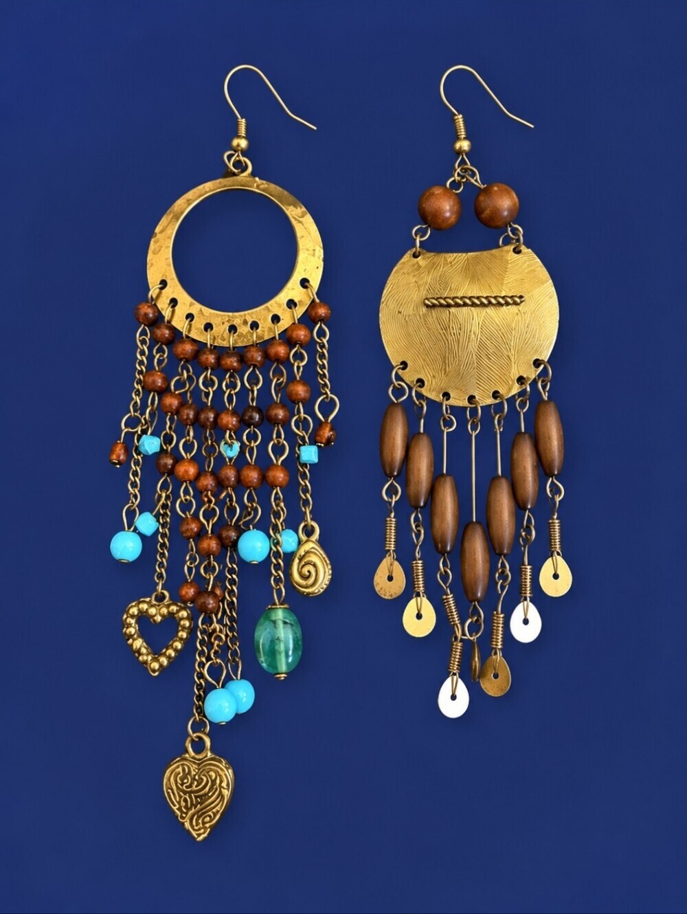 Vintage Mismatched Brass Wood Beaded Chandalier Festival Earrings